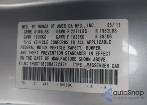 2013 Honda Accord Lx-S z USA, uszkodzony, nr VIN 1HGCT1B39DA022954